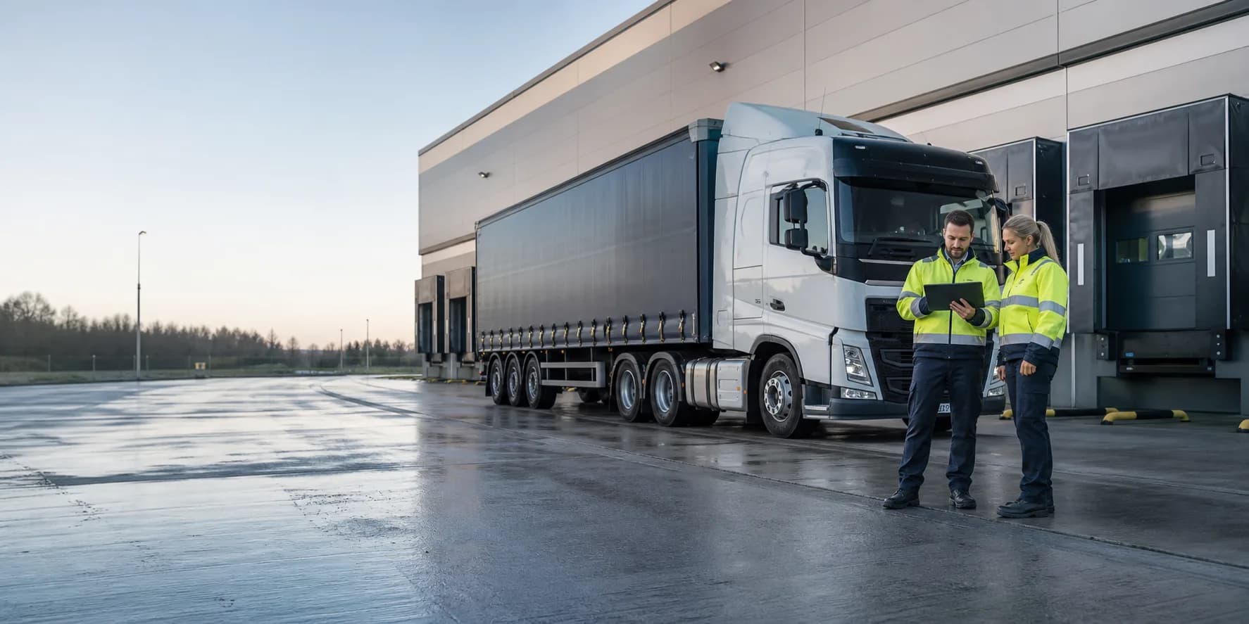 Two logistics workers reviewing an operational plan beside a vehicle at a loading site.