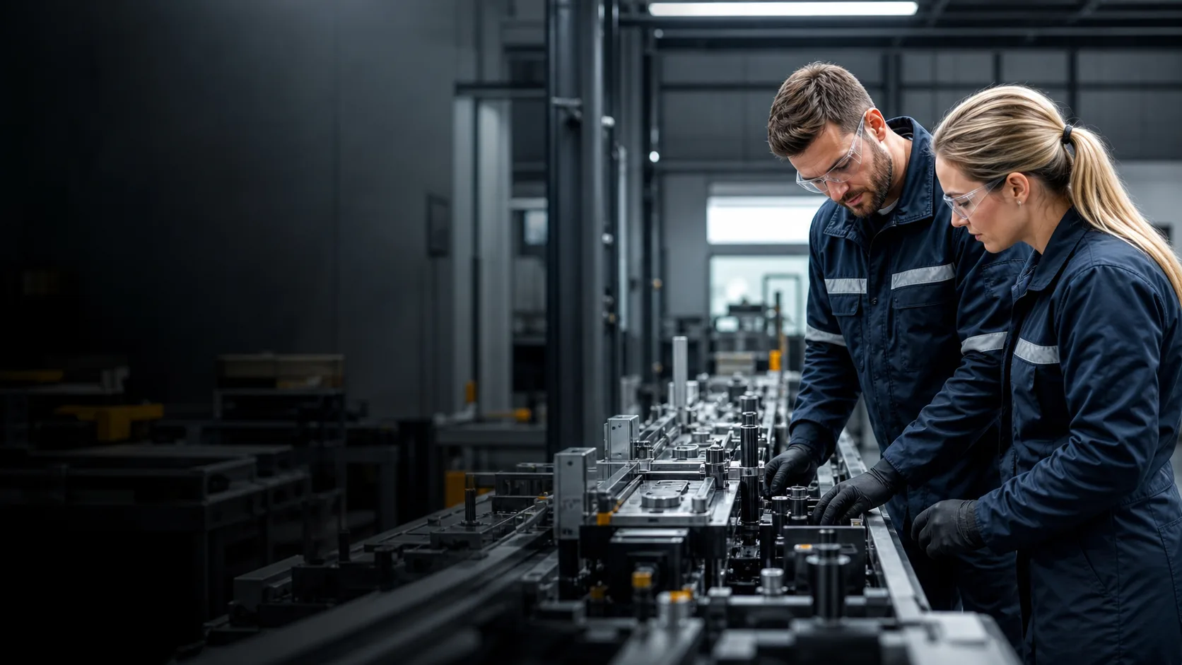 Two manufacturing workers checking components on an industrial production line.
