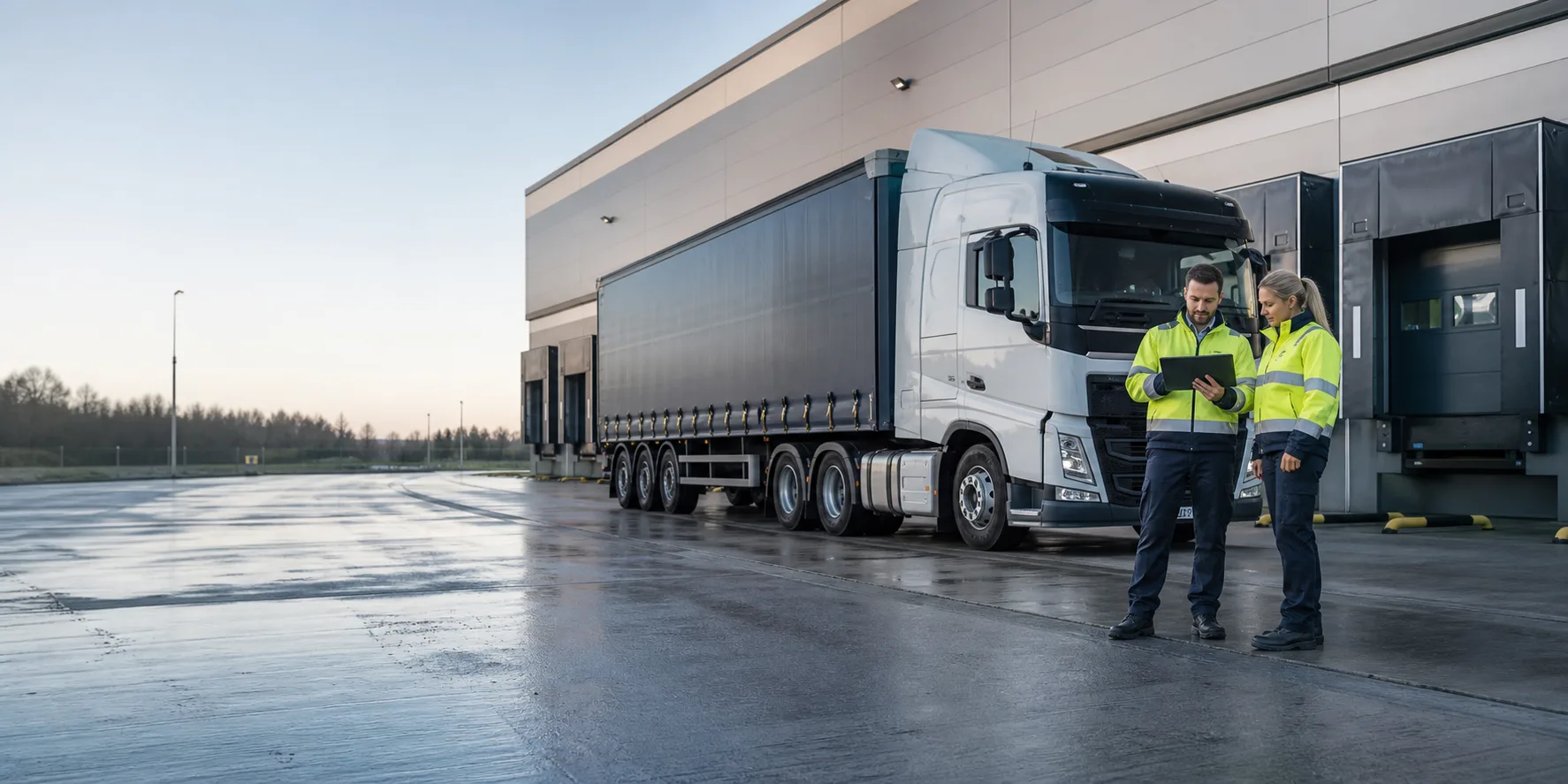 Two logistics workers reviewing an operational plan beside a vehicle at a loading site.