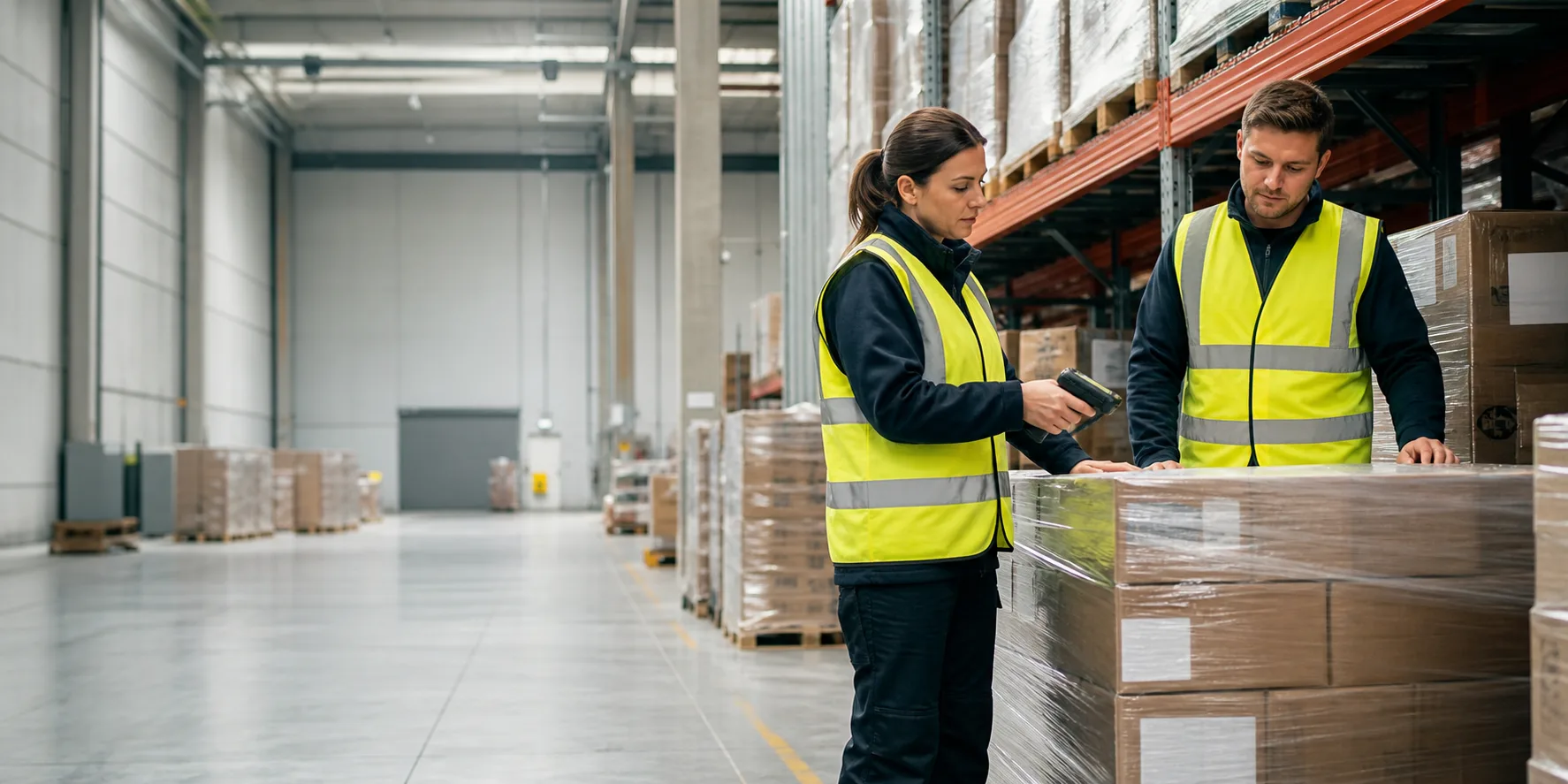 Two warehouse workers checking palletised goods in a distribution centre.